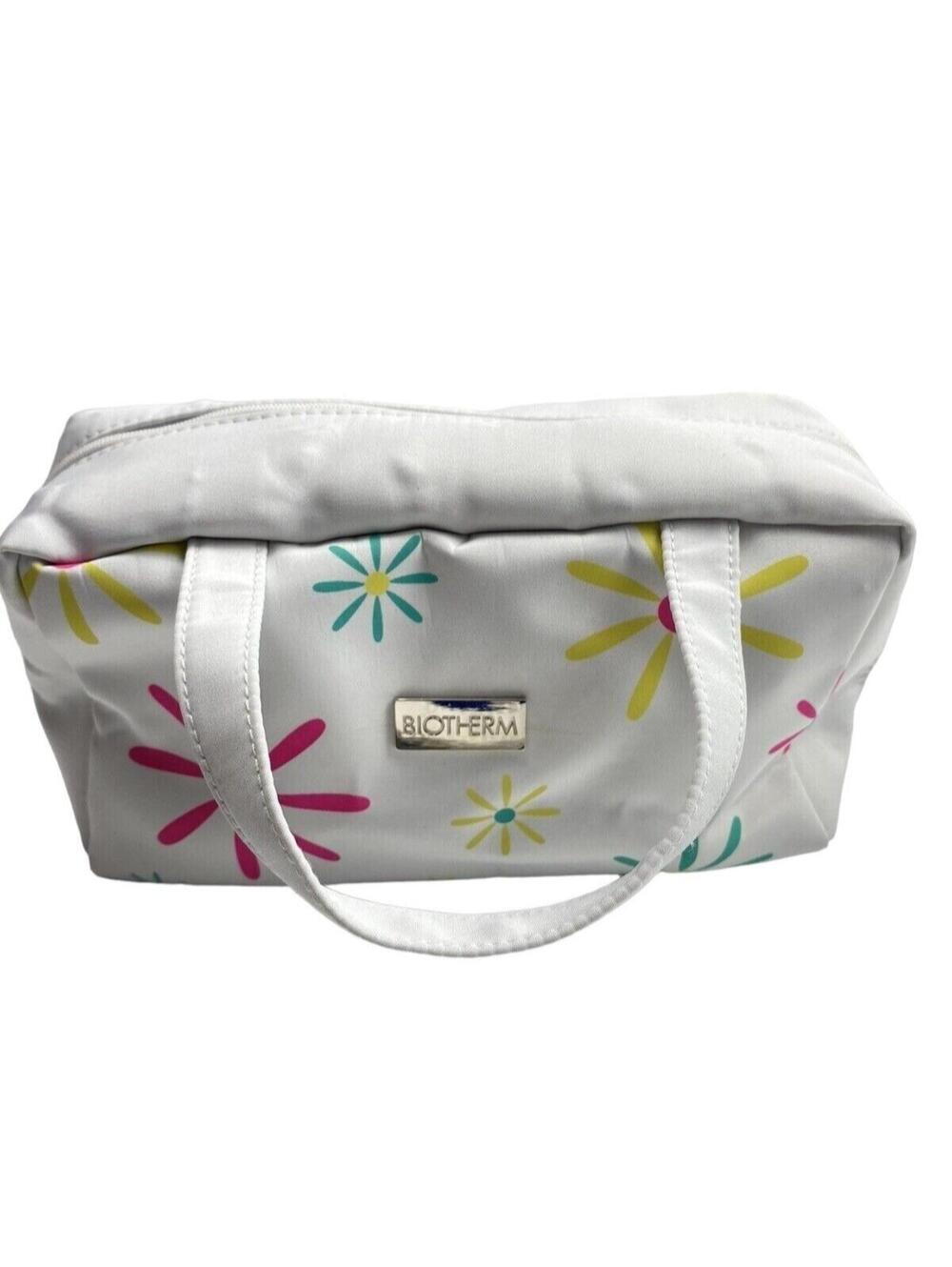 Vintage Biotherm Bag White Floral Flowers Makeup Bag Zip Travel Bag with Handles